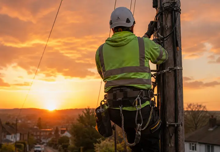 Utility worker in safety gear climbing a pole during sunset over a residential neighborhood.