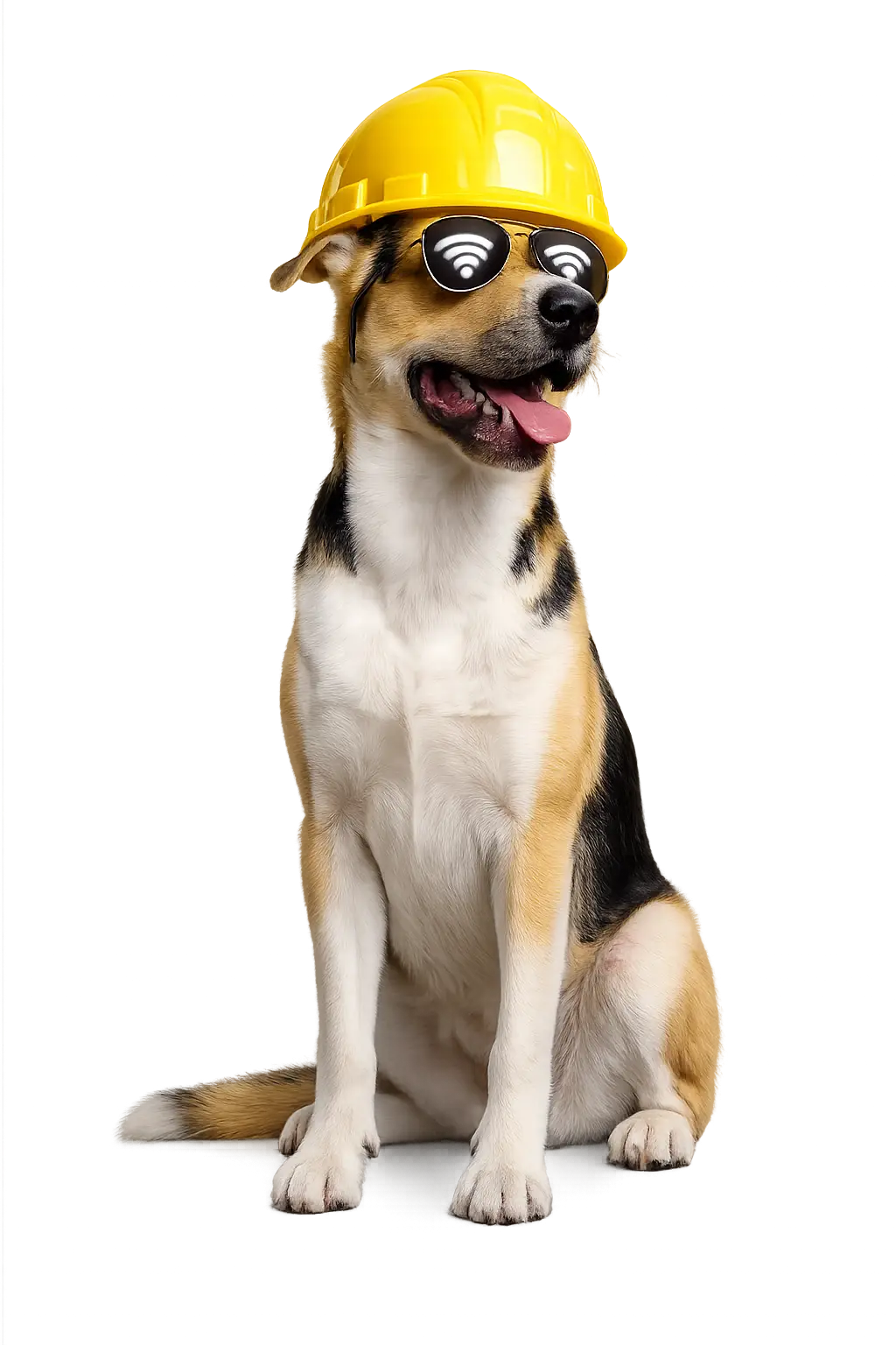 Happy dog wearing a yellow construction helmet and sunglasses with Wi-Fi symbols.