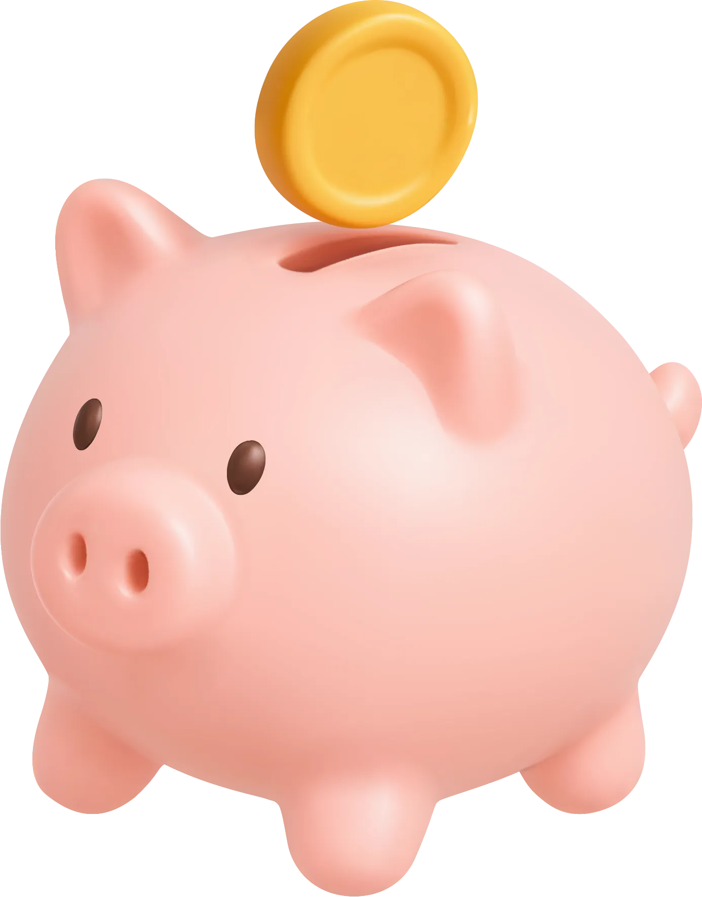 Pink piggy bank with a gold coin above the slot ready to be inserted.