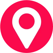 White map location pin icon on a bright pink circular background.