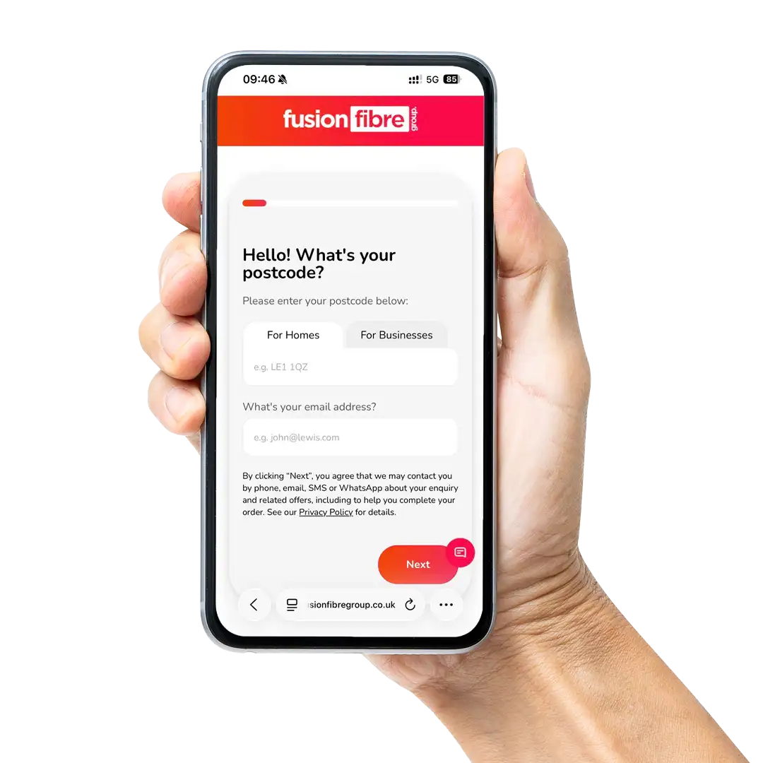 Hand holding phone displaying Fusion Fibre Group postcode and email entry form with Next button.