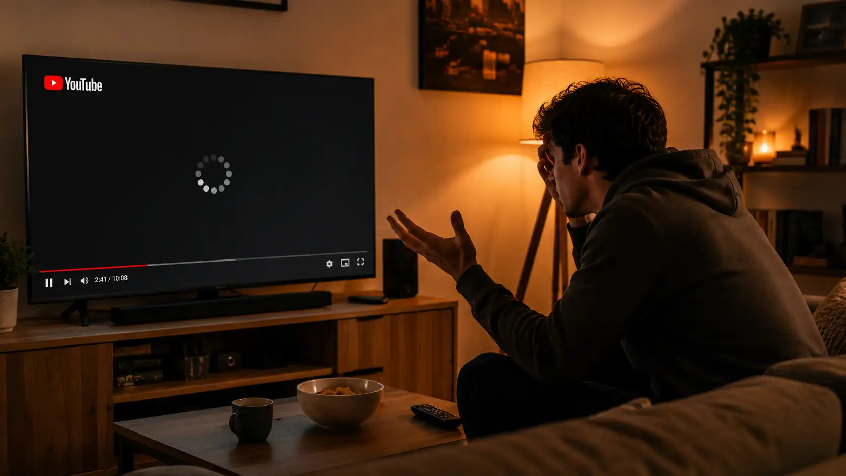 Man sitting on couch frustrated while YouTube video buffers on TV screen in dim living room.