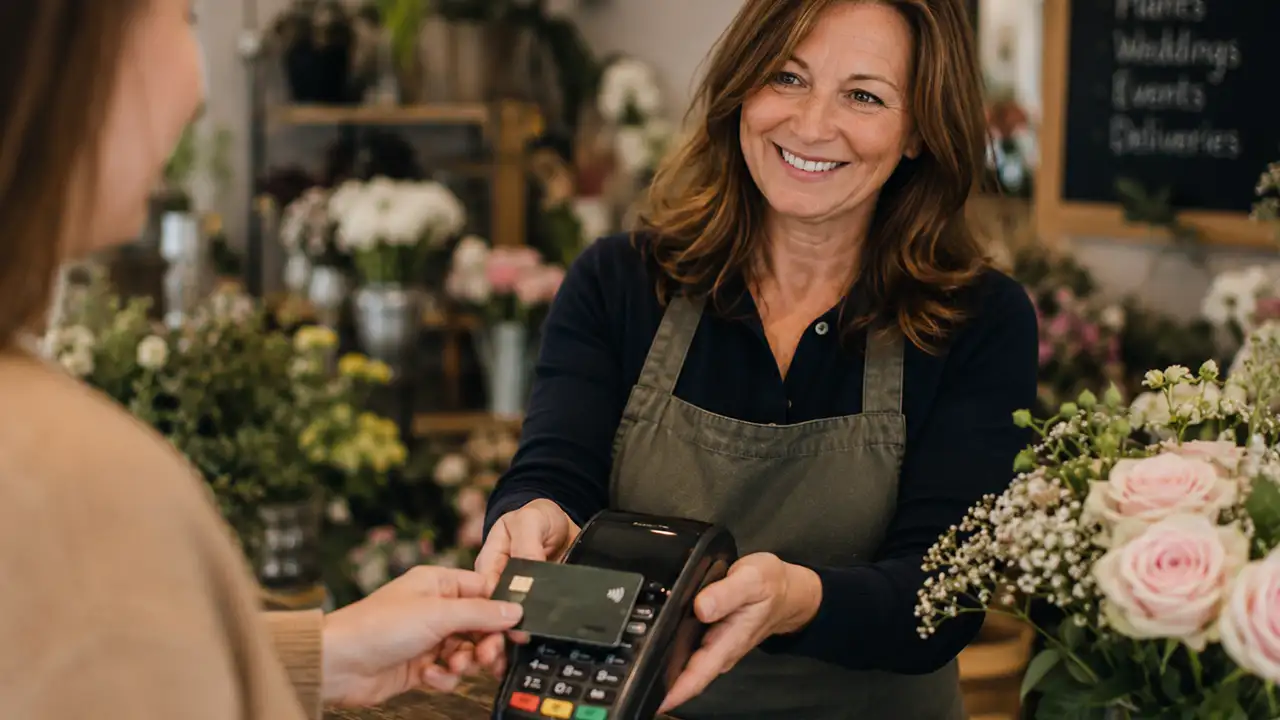 Middle-aged florist taking a contactless card payment from a customer in a UK flower shop.