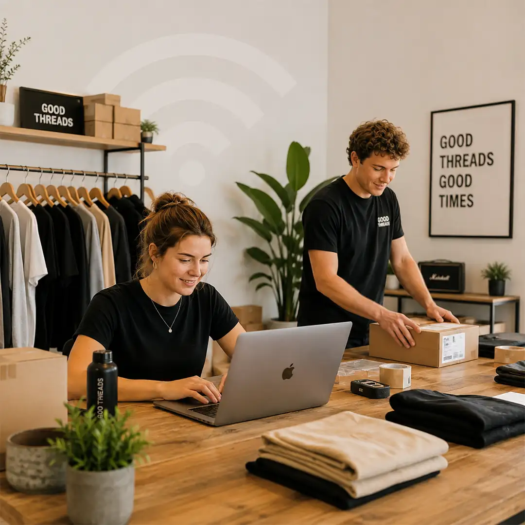 Young entrepreneurs working on an online clothing business using a laptop in a modern studio.