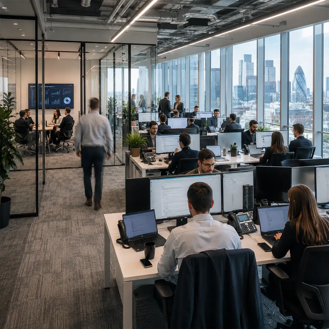 Busy modern London office with employees working and meeting in a large open-plan workspace.