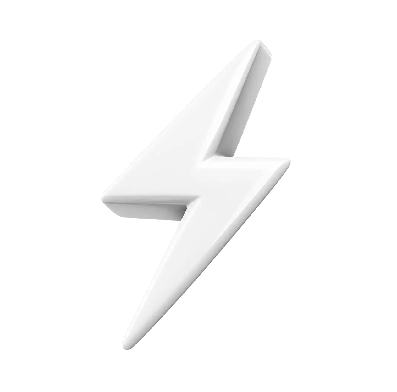 Three-dimensional white lightning bolt icon with sharp angles on a transparent background.