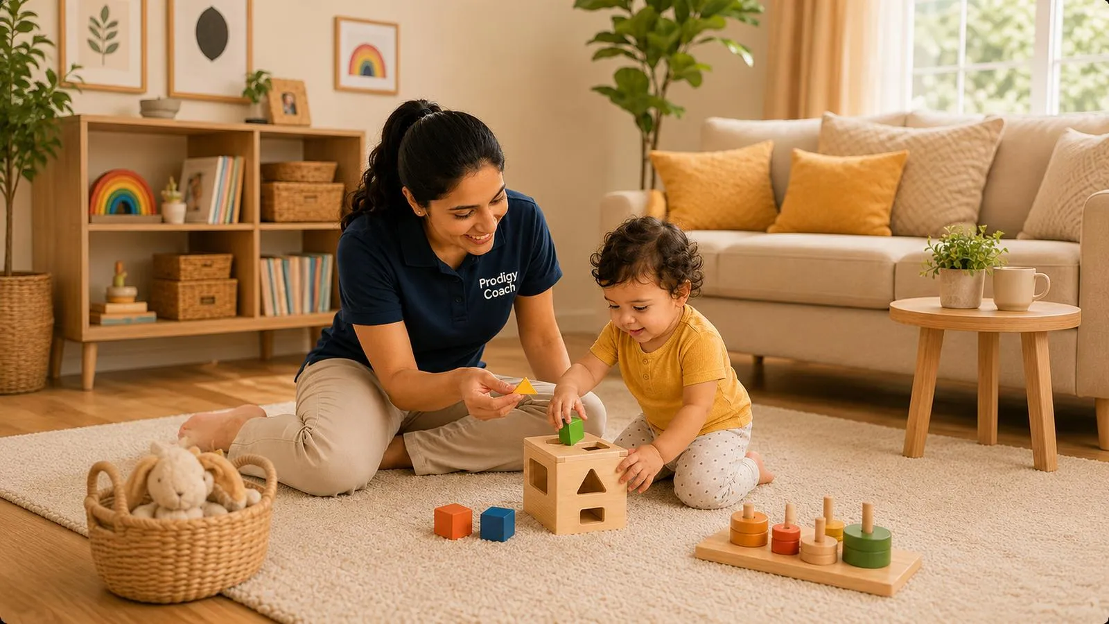A Prodigy Pathway coach guiding a toddler through a shape-sorting activity at home