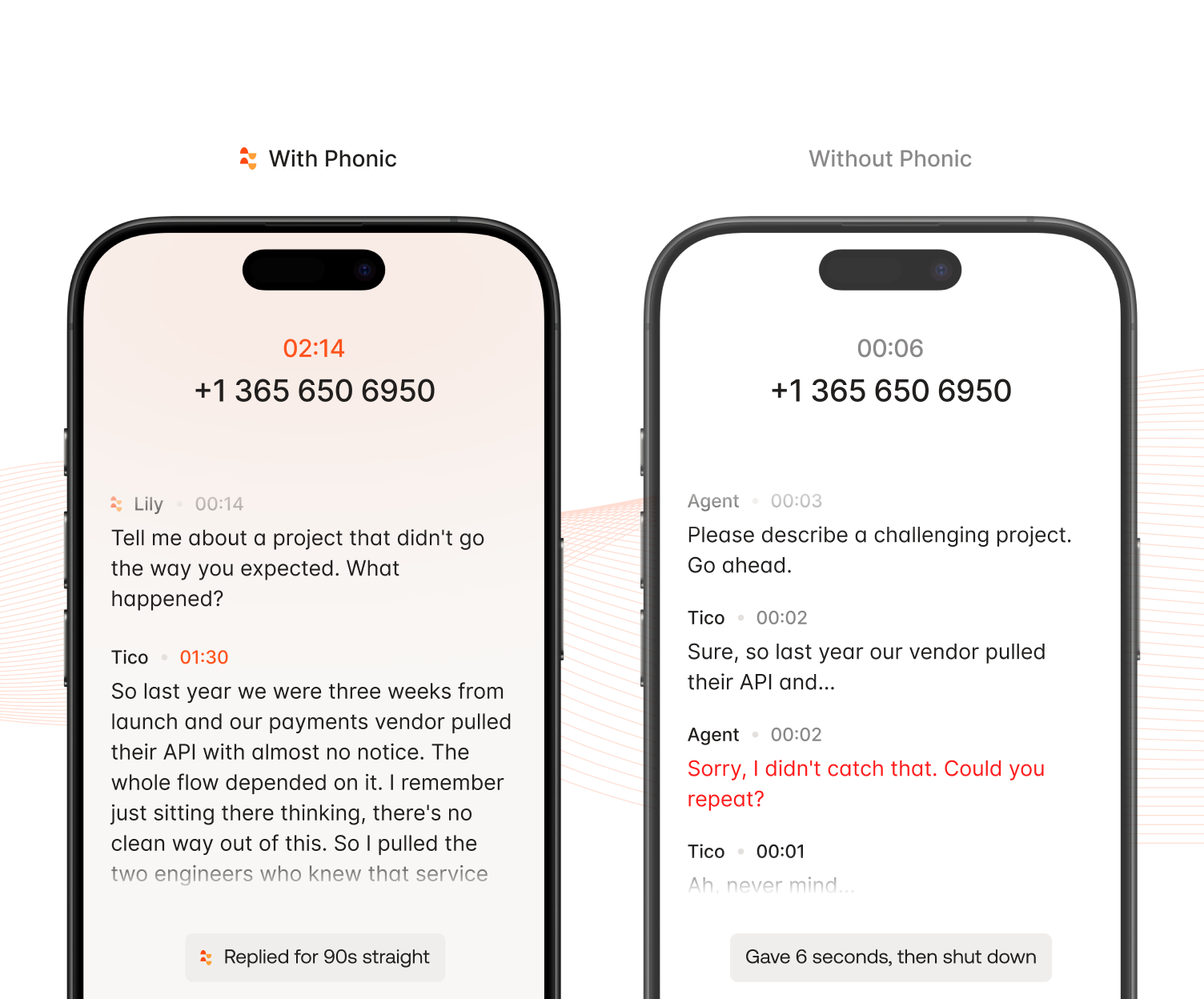 Side-by-side phone screens showing a detailed call transcript with Phonic and a brief, interrupted one without it.