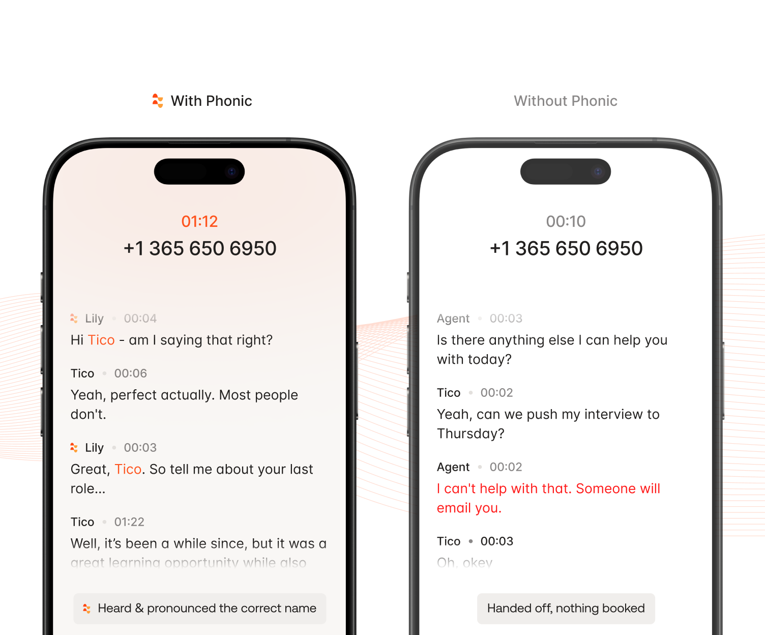 Two phone screens showing call transcripts comparing Phonic recognizing and pronouncing names correctly versus not.