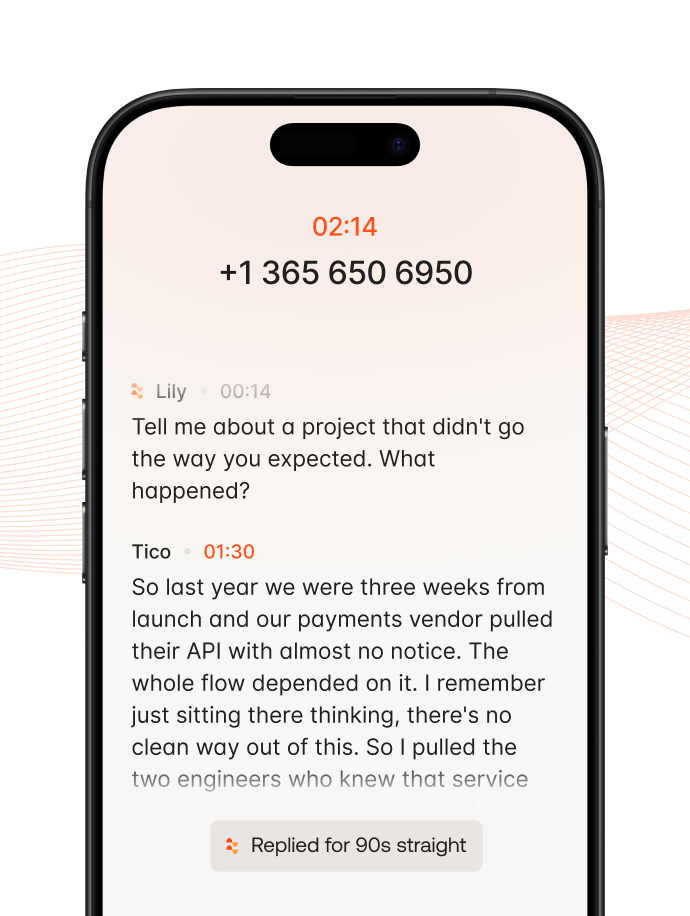 Phone call screen showing a conversation about a project setback and a payments vendor API issue.
