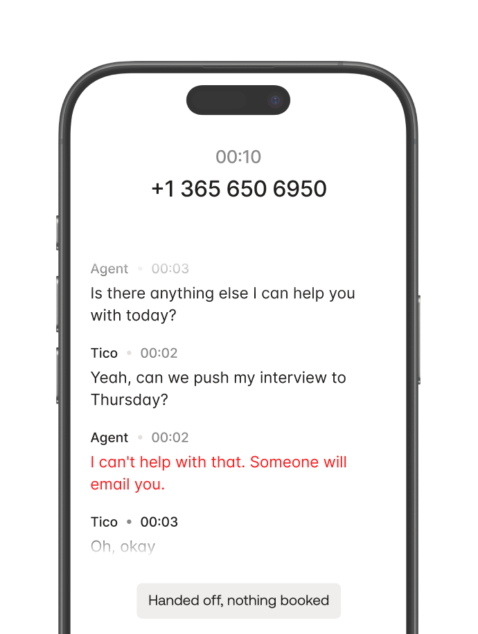 Phone screen showing chat with Agent and Tico discussing interview reschedule with no booking confirmation.