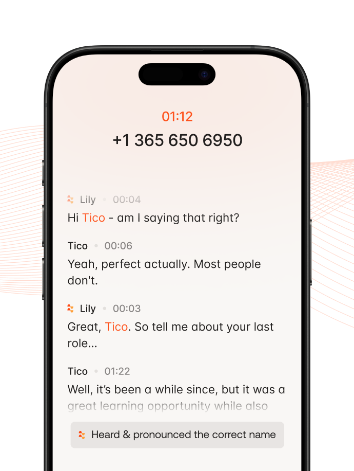 Phone screen shows a conversation where Lily asks Tico about his name pronunciation and last role.