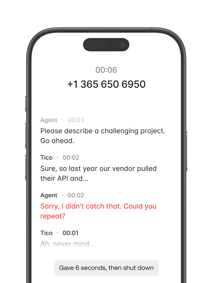 Smartphone screen showing a call transcript with a question, answer, and a request to repeat missed audio.
