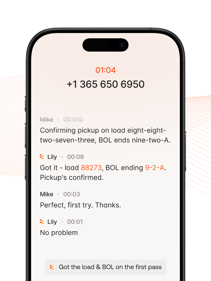Smartphone screen showing a text conversation confirming pickup details for load 88273 and BOL 9-2-A.