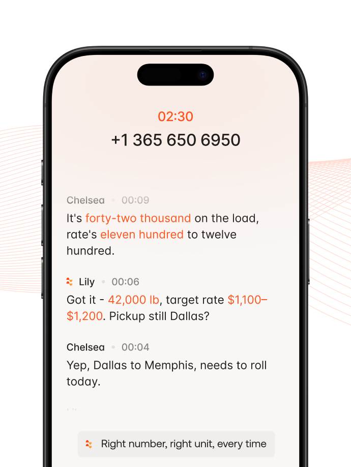 Mobile screen showing a logistics chat about 42,000 lb load, target rate $1,100–$1,200, Dallas to Memphis route.