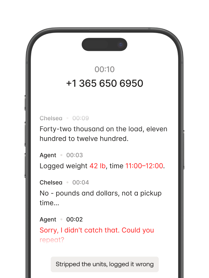 Phone screen showing a call with text messages about load weight, units confusion, and a correction note.