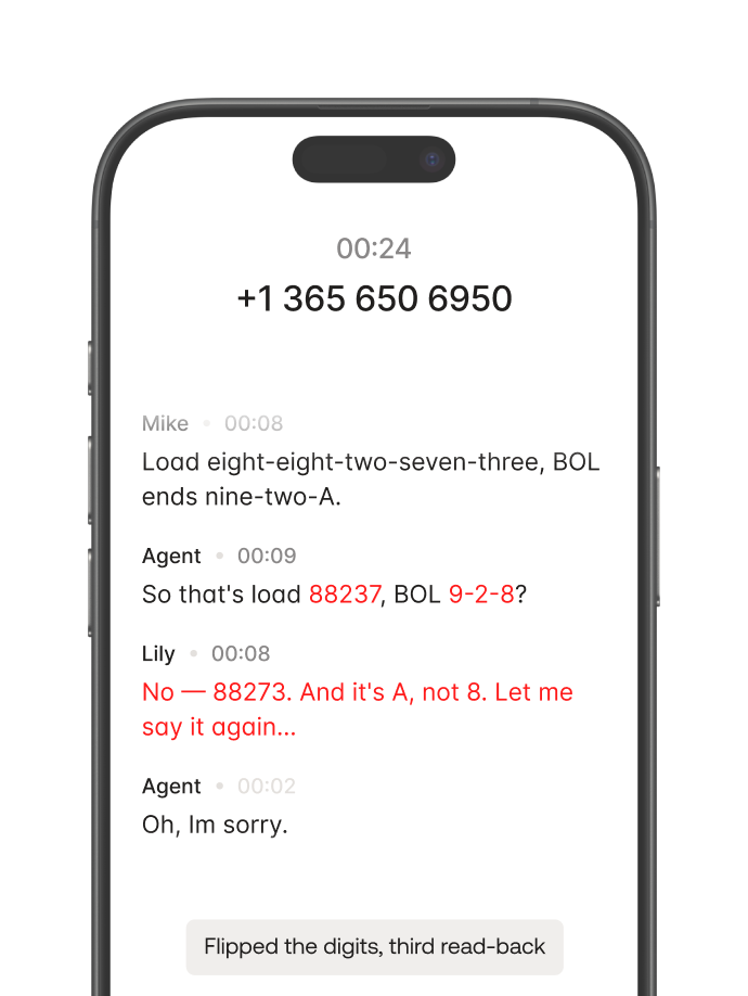 Phone screen shows a call transcript clarifying digits and letters in a load and BOL number.