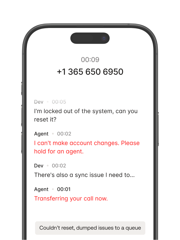 Phone call transcript showing user locked out, agent unable to change account, transferring call.