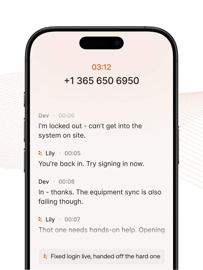 Phone screen showing a support call and chat text about login and equipment sync issues being resolved.
