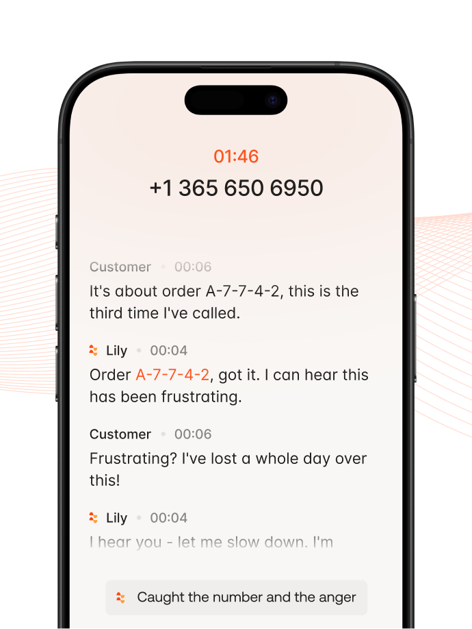 Phone screen showing a customer support call discussing order A-7-7-4-2 and customer frustration.