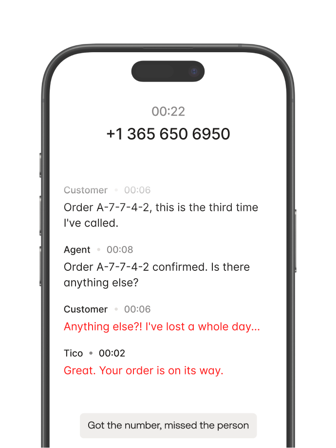 Smartphone screen showing a call with chat messages about order A-774-2 and a message saying order is on its way.