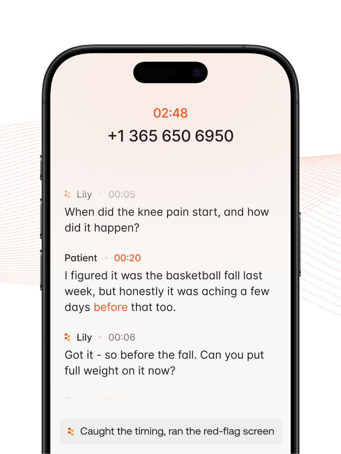 Smartphone screen shows phone call with transcript about knee pain and a red-flag alert message.