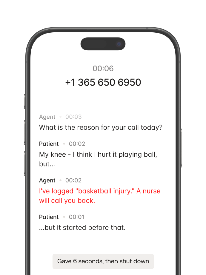 Smartphone screen showing a healthcare call transcript about a knee injury with a callback promise.