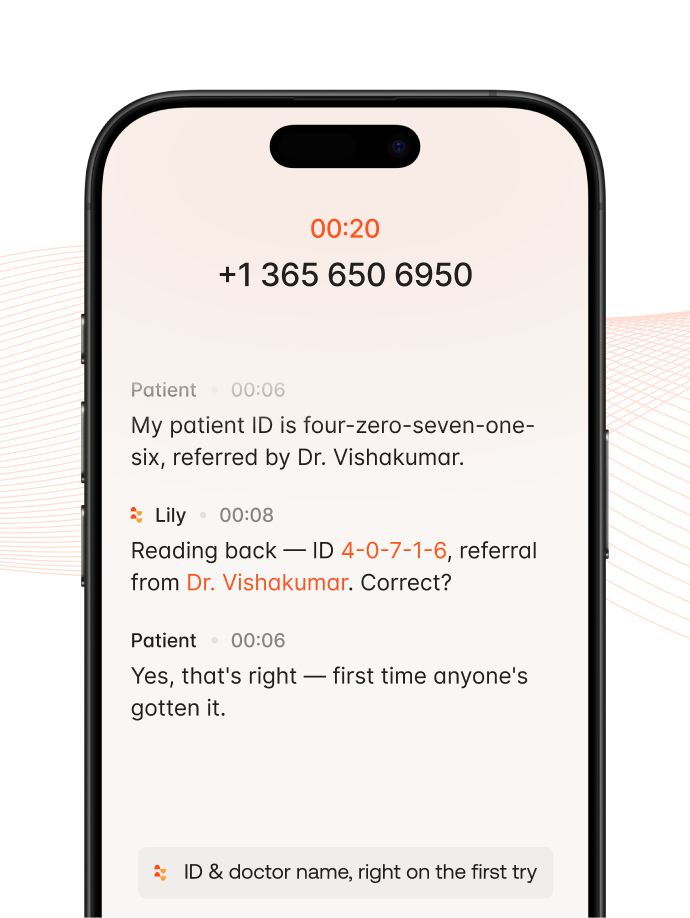 Phone screen showing a call transcript confirming patient ID 40716 and doctor Vishakumar on first try.