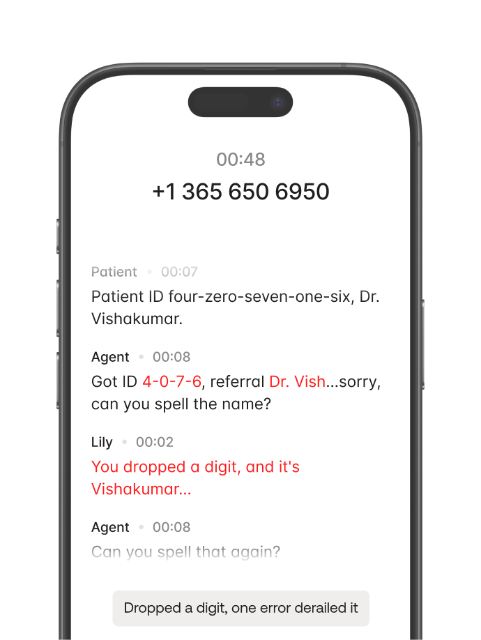 Phone call transcript showing patient ID issue with dropped digit causing a referral error.