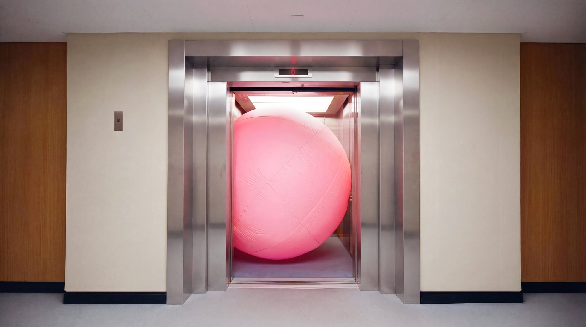 Giant pink ball filling an open elevator
