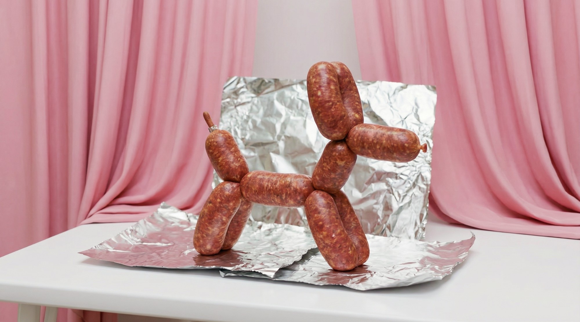 Balloon dog made of sausages on foil, pink curtains