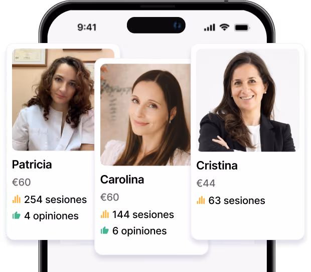 Mobile app interface showing profiles of three female professionals