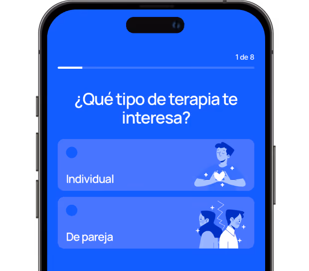 Mobile phone screen showing a therapy selection app in Spanish asking 'What type of therapy interests you?'