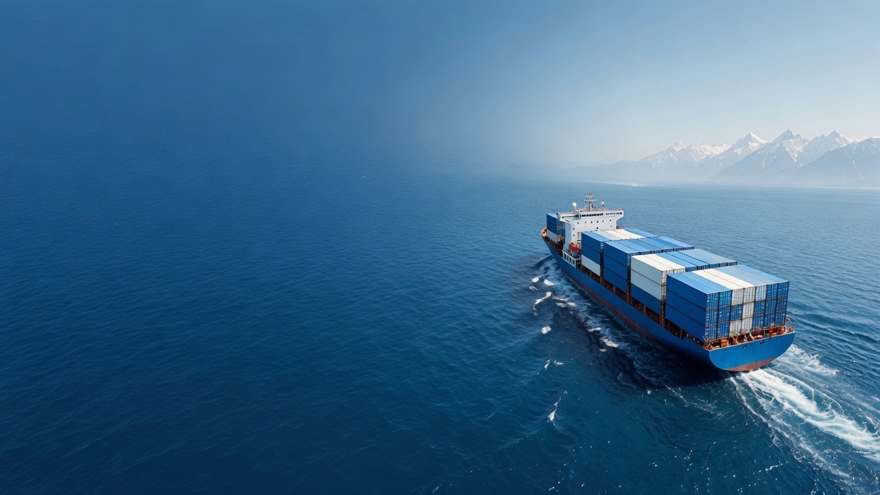Frachtschiff mit Flugzeugschatten aus der Vogelperspektive