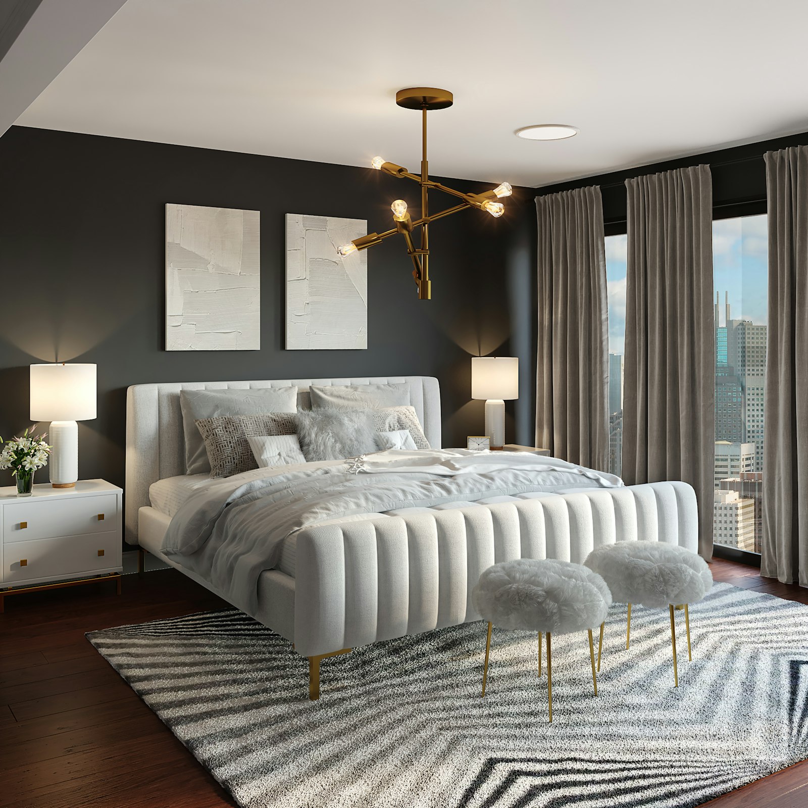 Luxury high-rise bedroom with panoramic London skyline views