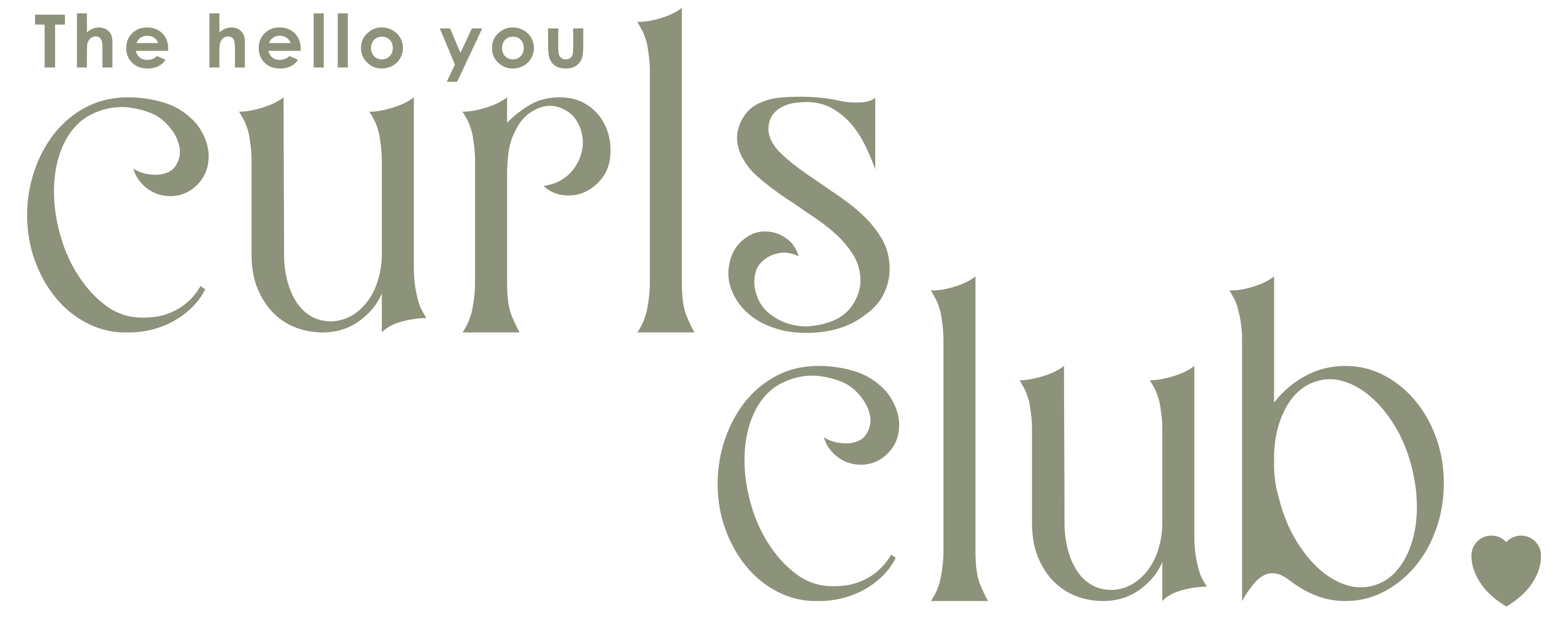 Text reading 'The hello you curls club.' in stylized green font with a heart at the end.