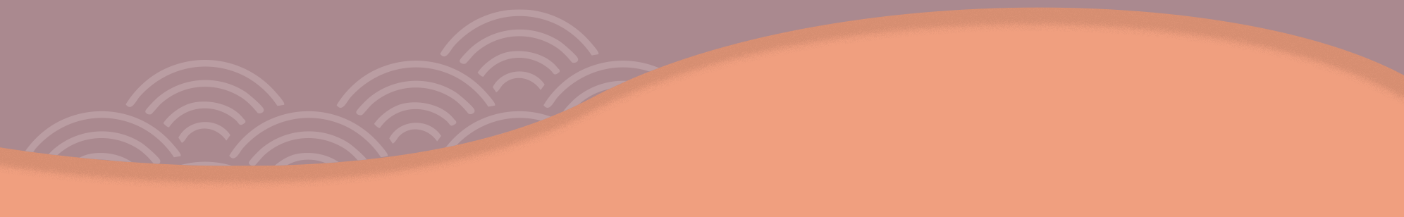 Abstract design with peach wave over muted purple background with lighter purple semi-circle patterns.