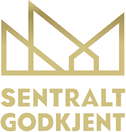 Sentral godkjent-logo med geometrisk gullsymbol over teksten.