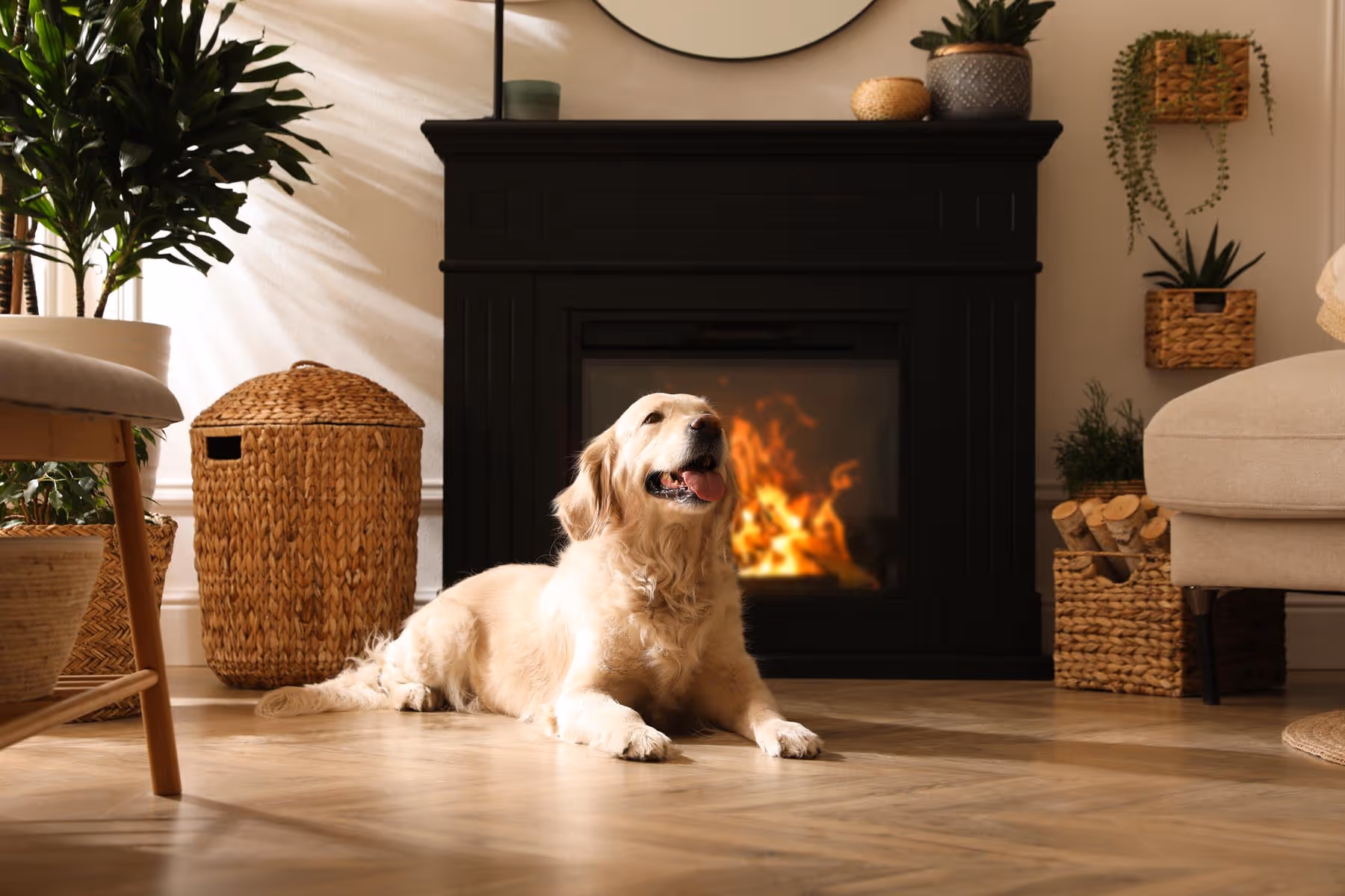 Golden retriever ligger på gulvet foran en peis med flammer i et koselig rom med planter.
