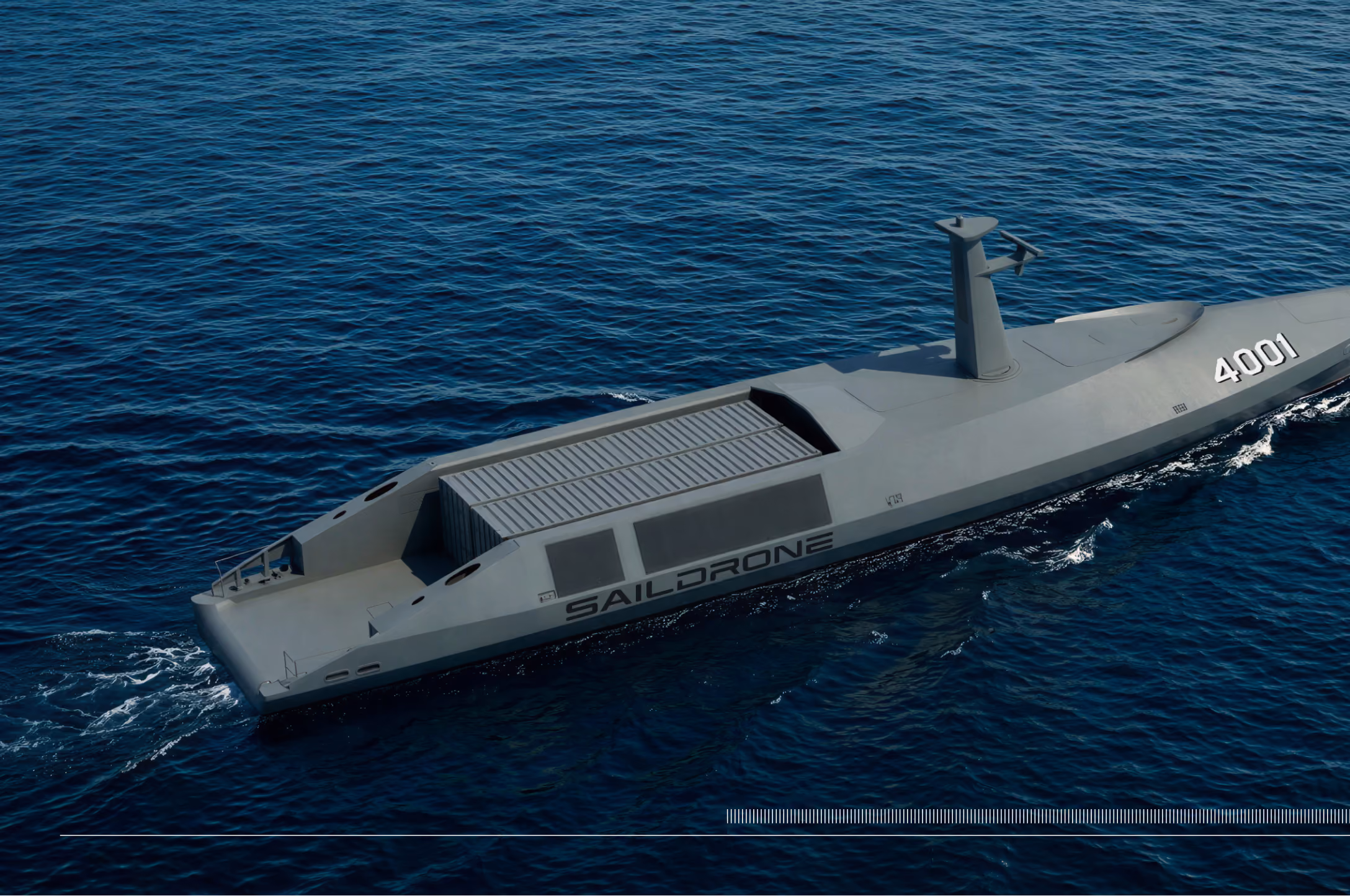 Modern unmanned Saildrone 4001 sailing on the ocean surface creating a small wake.