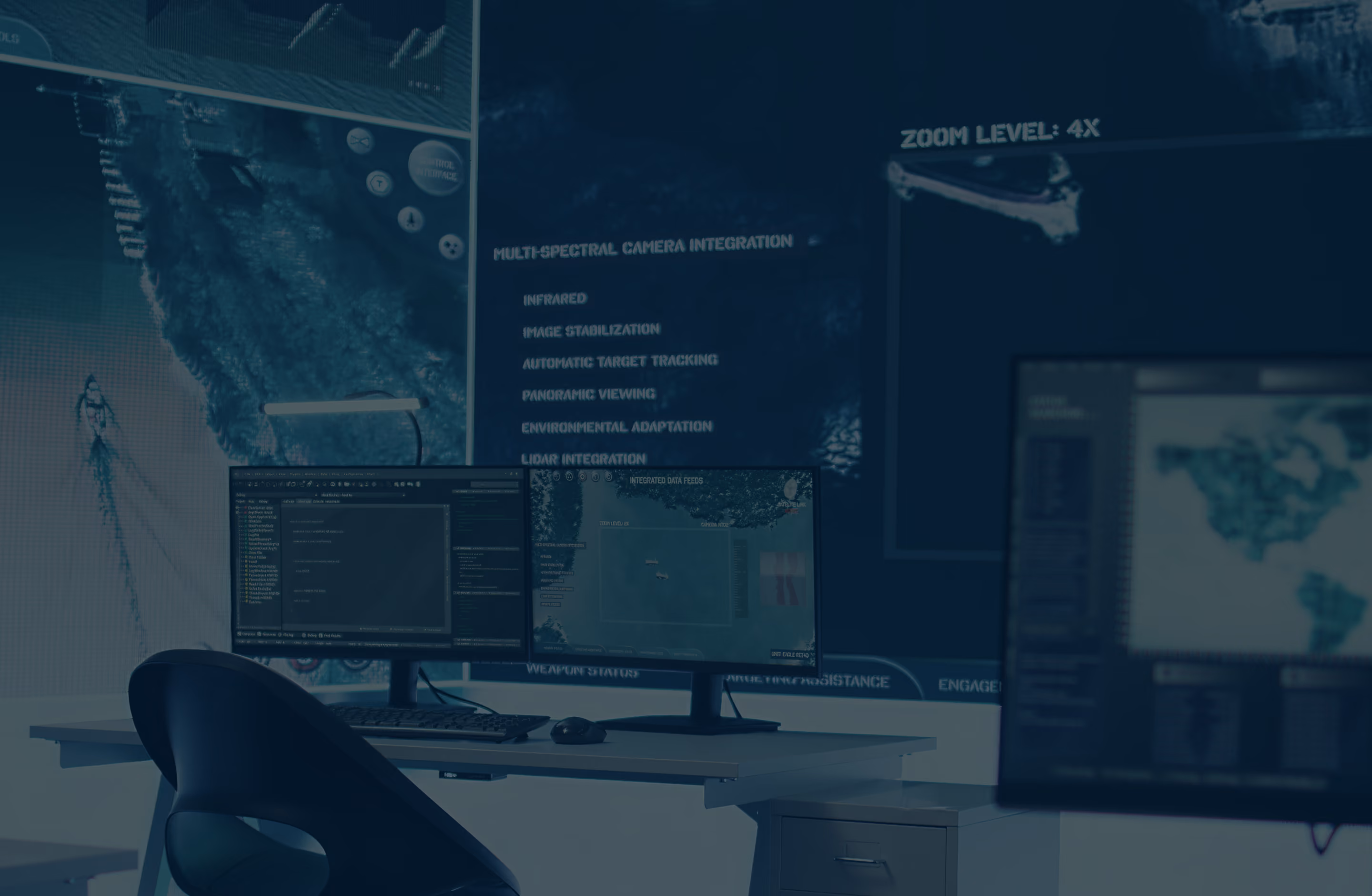 Workstation with dual monitors displaying maps and code, with chair and large digital map on wall.