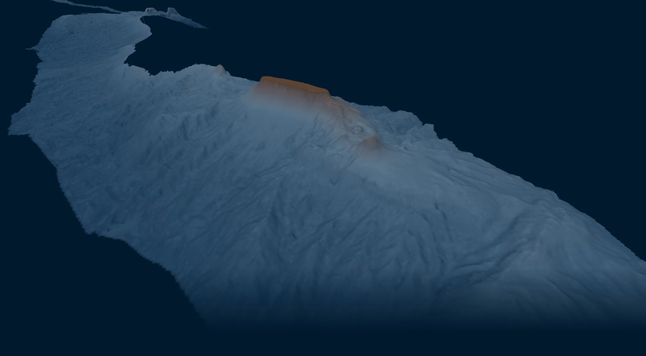 3D ocean floor map showing underwater mountain with surrounding seabed details.