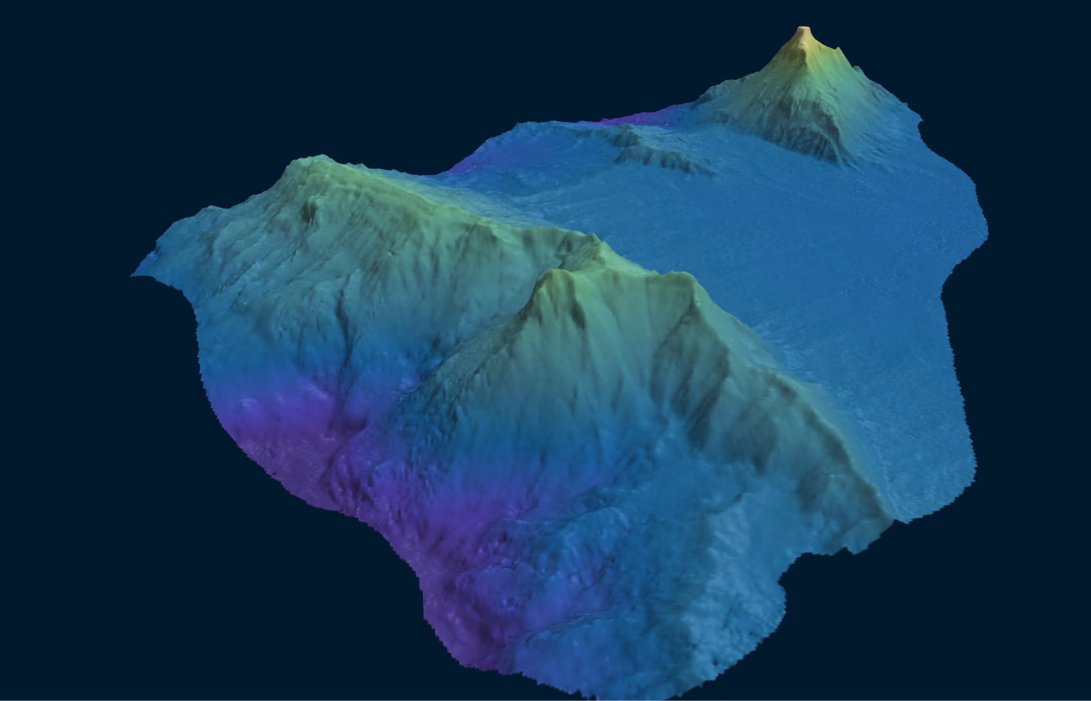 3D terrain map showing color-coded elevation of mountainous landscape with peaks and valleys.