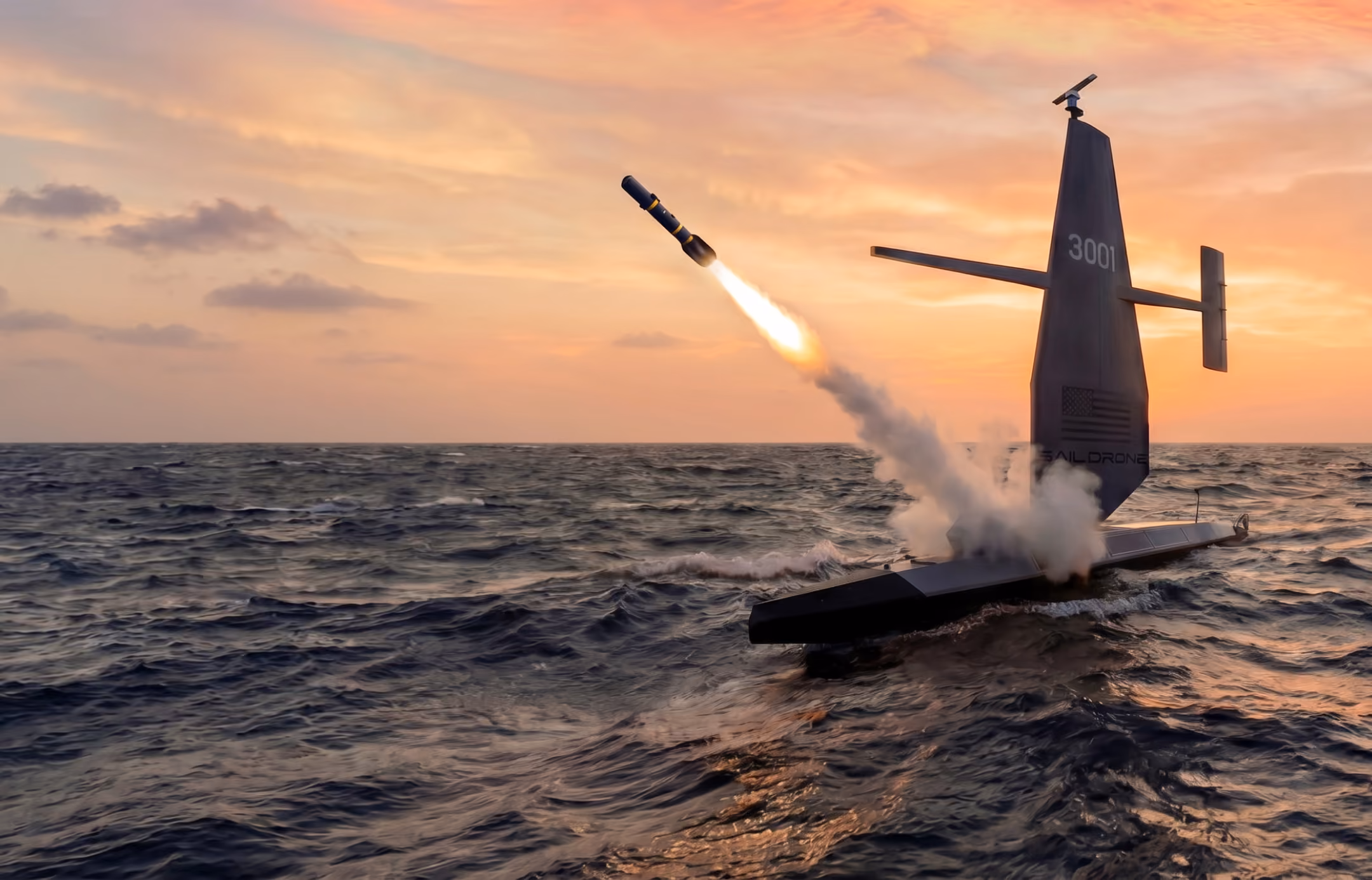 Unmanned Saildrone launches a missile over ocean waters at sunset with a partly cloudy sky.