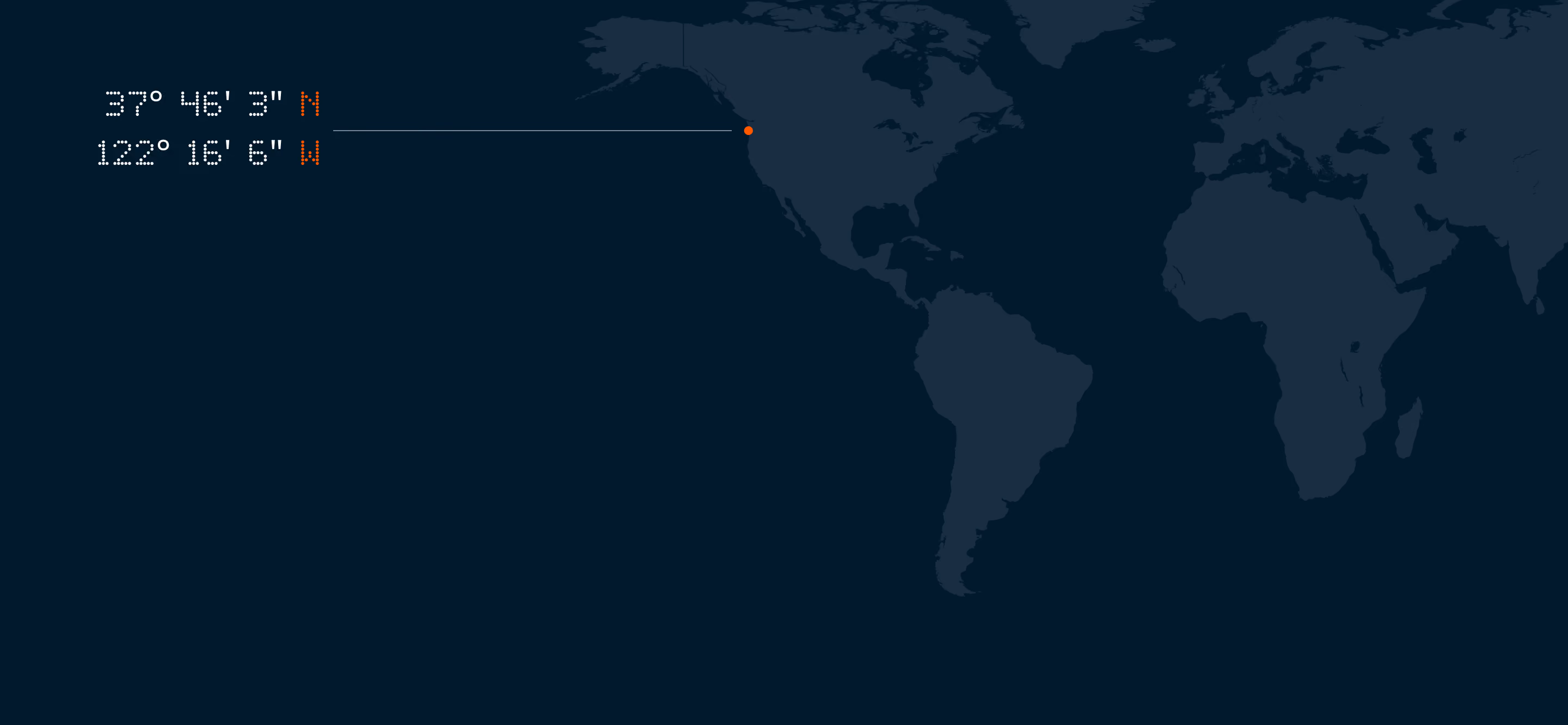 Dark world map with red dot marking coordinates 37°46'3" N 122°16'6" W on US west coast.