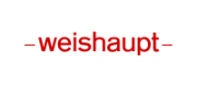 Weishaupt Schriftzug in roter Schrift mit roten Strichen links und rechts.
