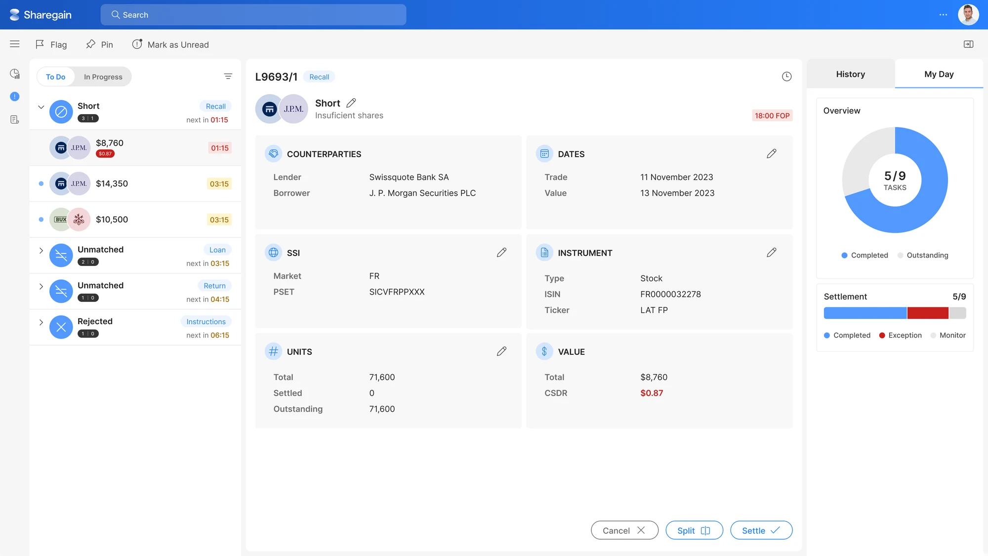 Final EMT layout with the exceptions list, trade context and My Day overview