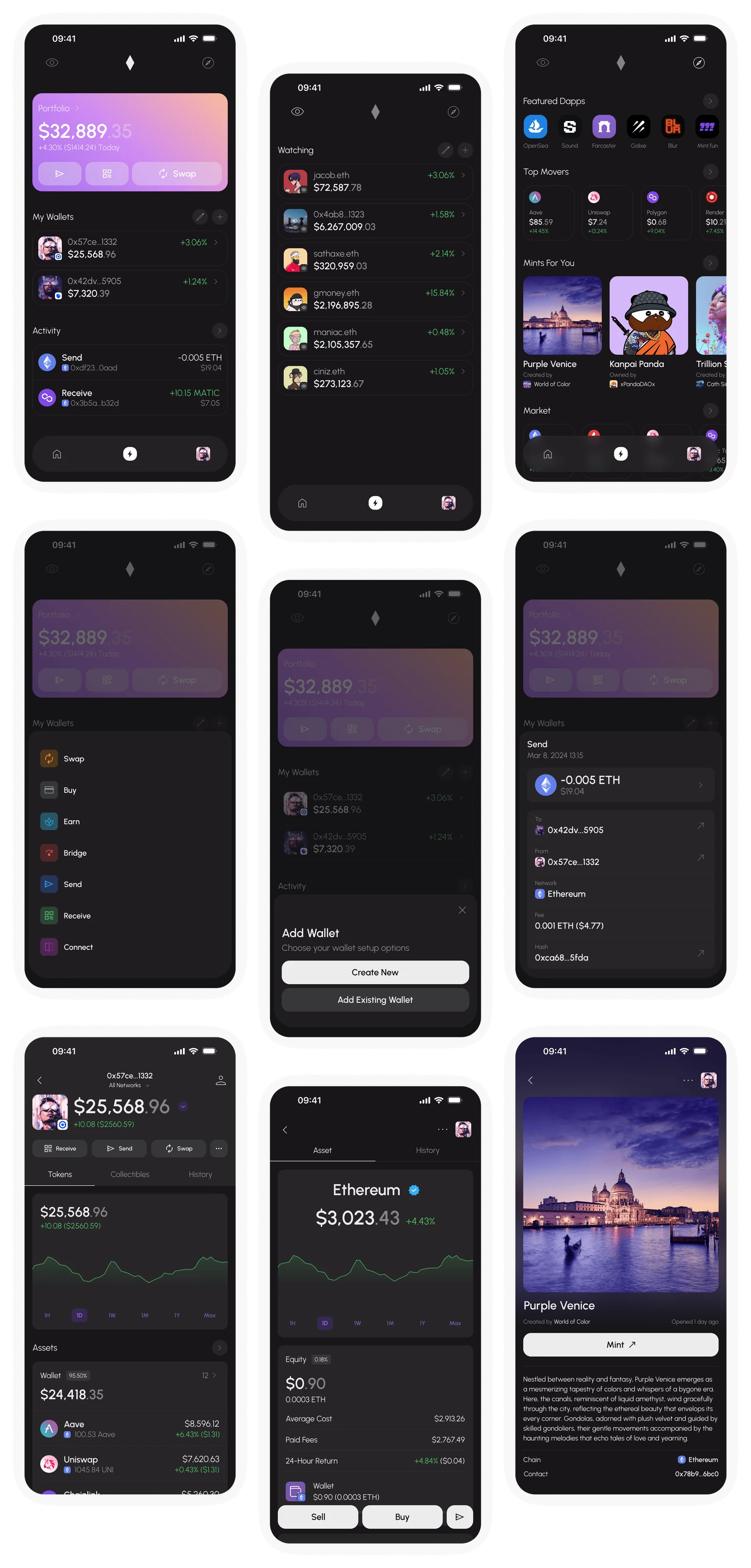 Nine Zenith Wallet screens: portfolio, watch list, discovery, actions, add wallet, transaction, wallet, asset and NFT