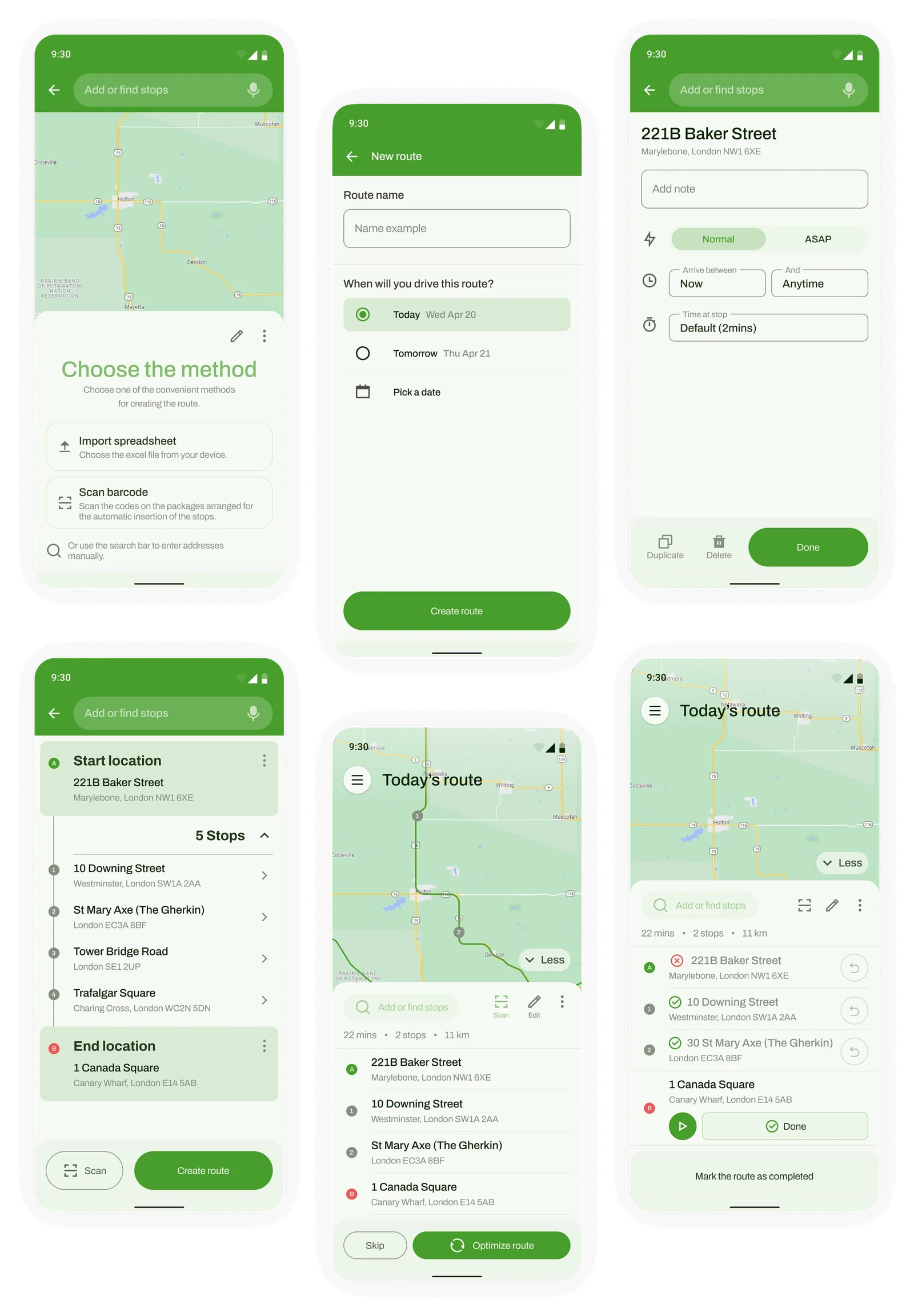Courier route building and live route screens