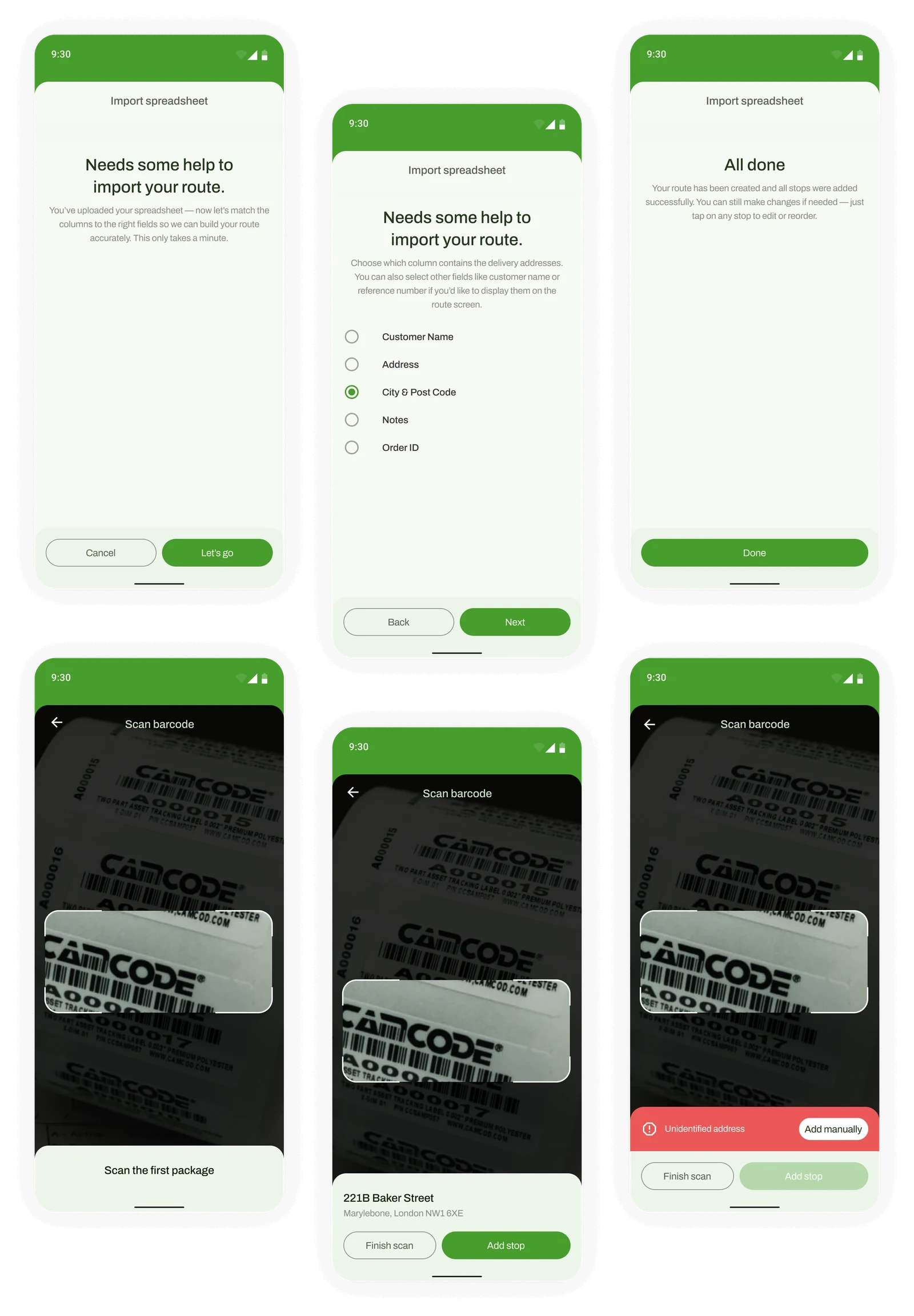 Courier import and barcode scanning screens